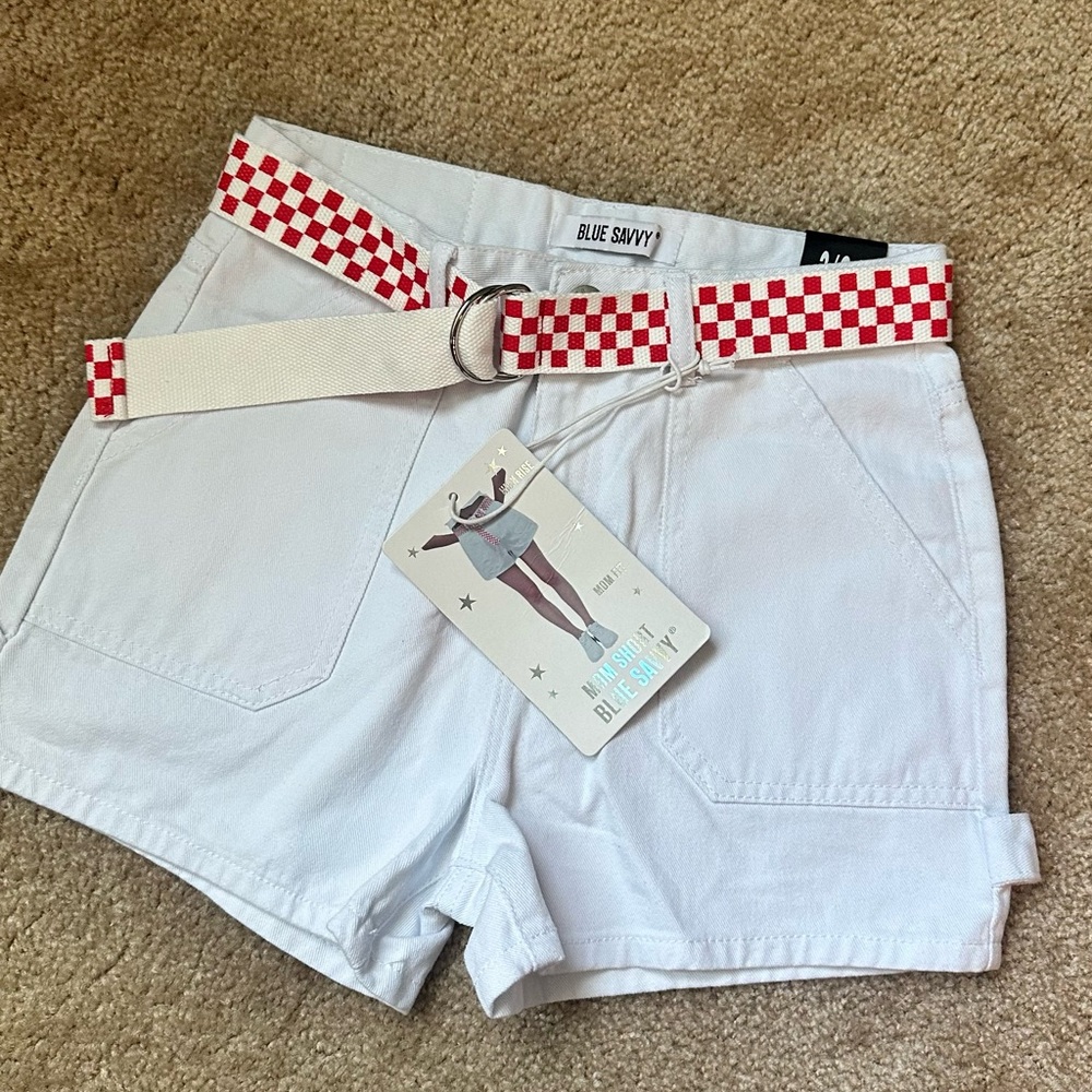 Blue Savvy White High Waist Shorts with Red Checkered Belt